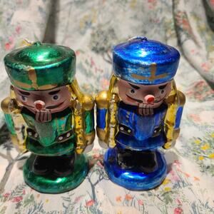 Nutcracker Candles Set Of 2 Metallic Green, Blues And Gold Soldier 4" Vtg